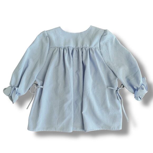 YOU ARE BEAUTIFUL Seoul Blue Gingham Puff Sleeve Waist Tie Blouse Top M - Picture 6 of 7